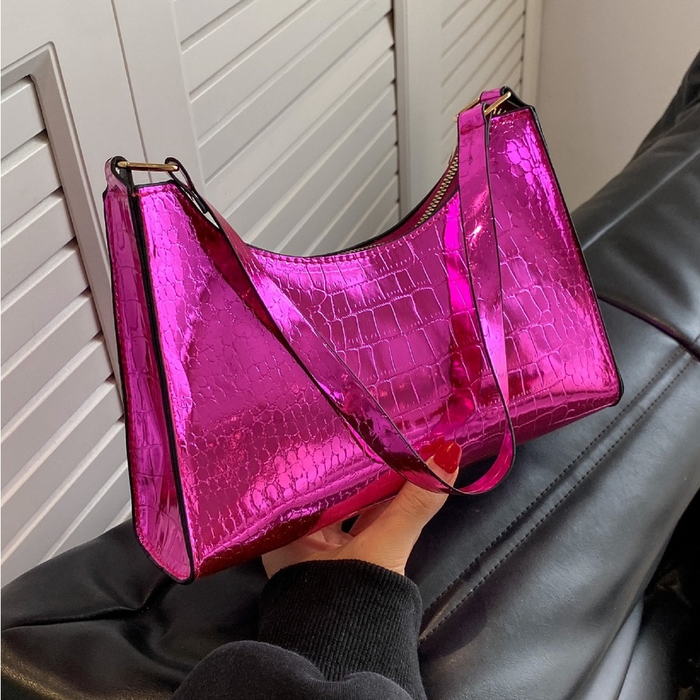 Metallic Pink Croc-Embossed Shoulder Bag